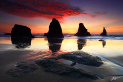B167 Sunset Sea Stacks, Face Rock Beach, Bandon, Oregon print