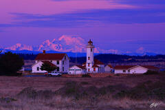 L025 Sunset Wilson Head Lighthouse and Mt Baker, Washington print