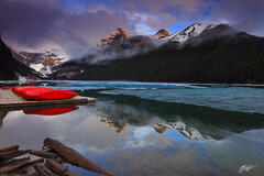 M390 Morning Light and Canoes Reflected in Lake Louise, Banff, Canada  print
