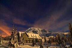 W116 Stars and the Paradise Lodge with Mt Rainier, Washington print