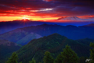 Sunset and Sun Star with Mt Baker, Washington