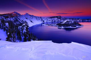 W105 Winter Sunset over Crater Lake and Wizard Island, Oregon