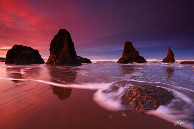 B136 Sunrise and Sea Stacks, Face Rock Beach, Bandon, Oregon print