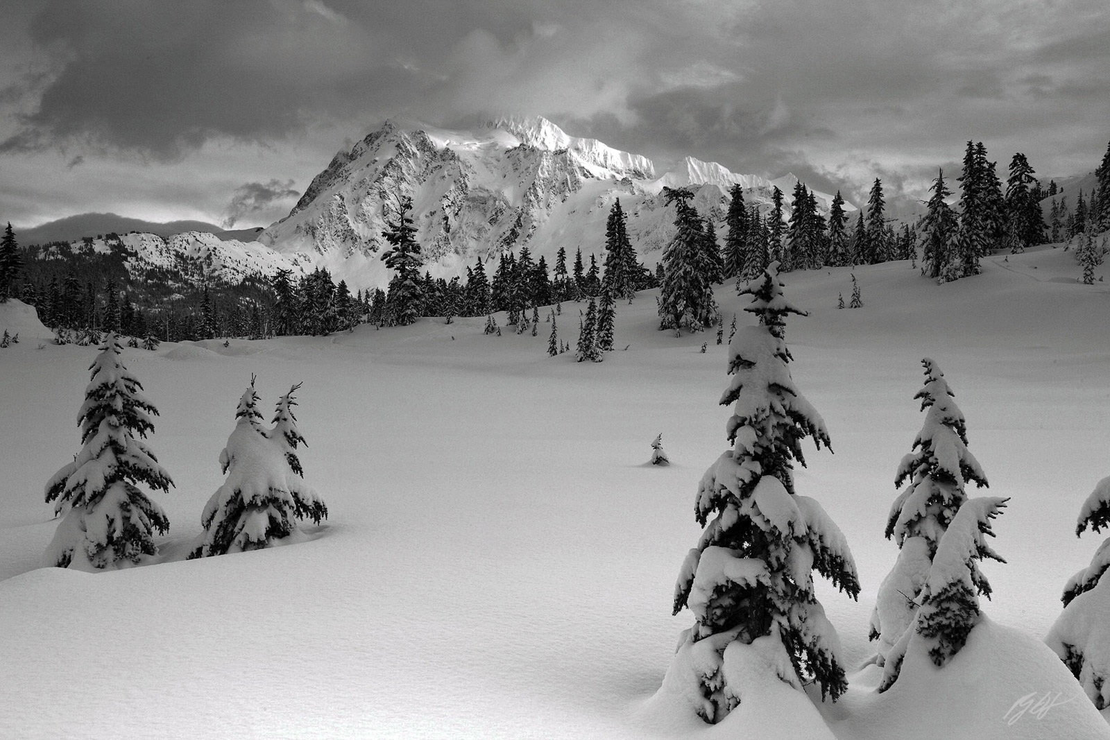 Mt Shuksan in Winter over Picture Lake in Heather Meadows in the Mt Baker National Recreation Area in Washington