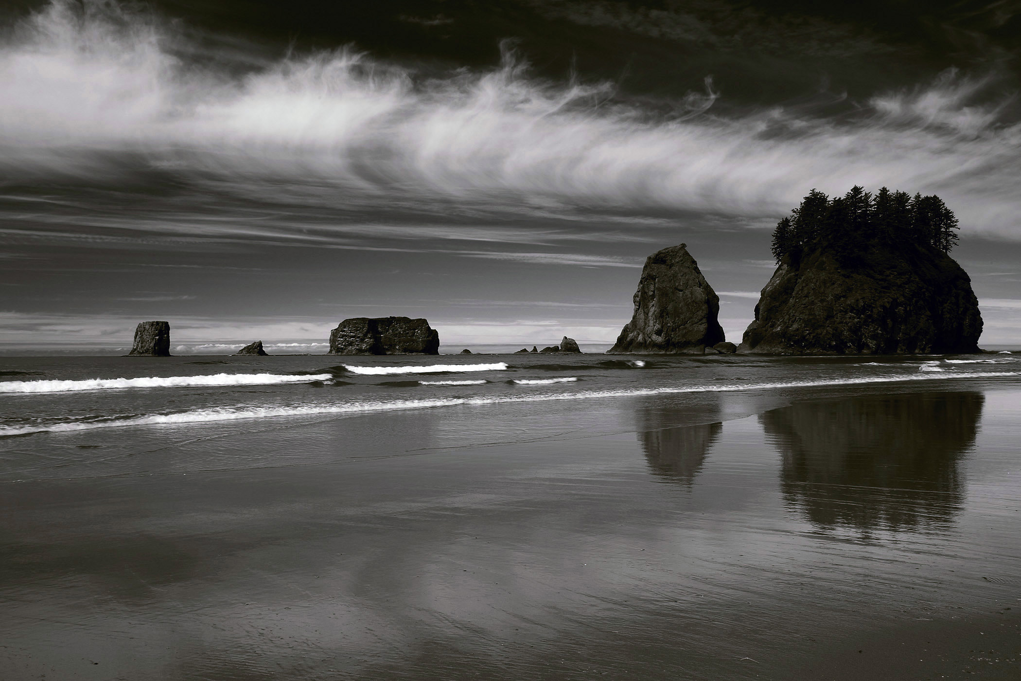 Sea Stacks reflection from Second Beach in Olympic National Park in Washington