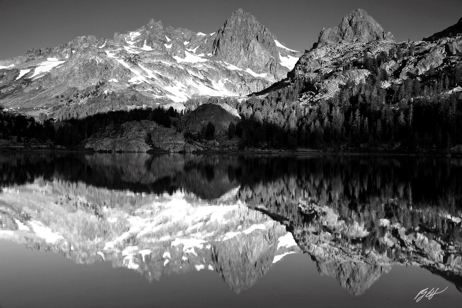 Reflection of the high sierras in Ediza Lake in the Ansel Adams Wilderness in California