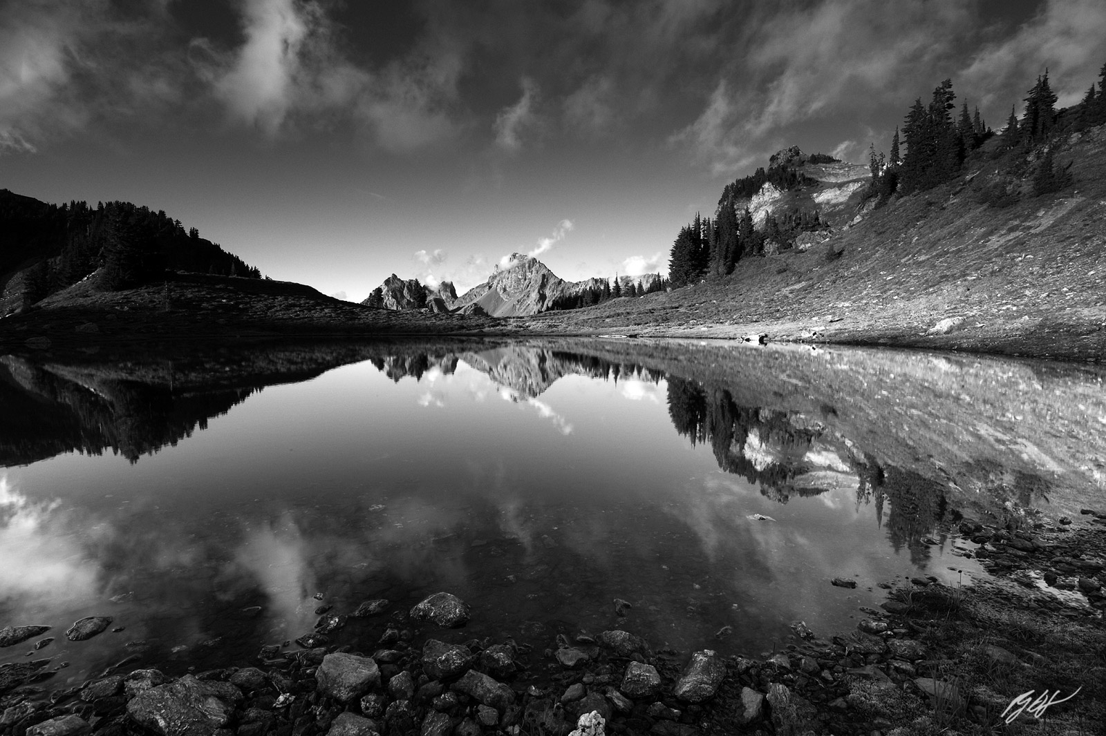 Mountain and Cloud Reflection in a Tarn from Yellow Aster Butte in the Mt Baker Wilderness in Washington