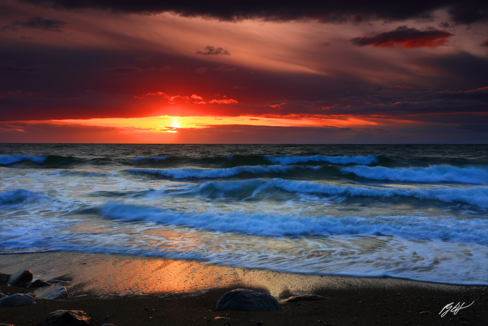 Sunset and Big Waves from Ebey Beach in Fort Ebey State Park on Whidbey Island in Washington