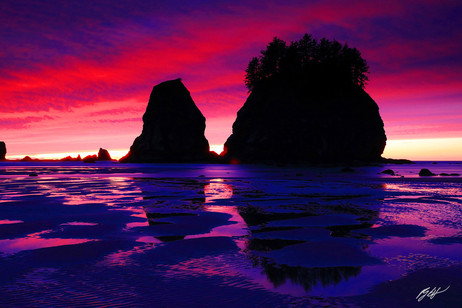 Afterglow Sunset and Sea Stacks on Second Beach in Olympic National Park in Washington