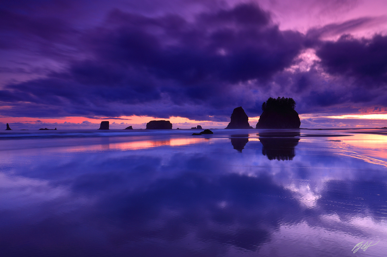 Sunset Reflections and Sea Stacks on Second Beach in Olympic National Park in Washington
