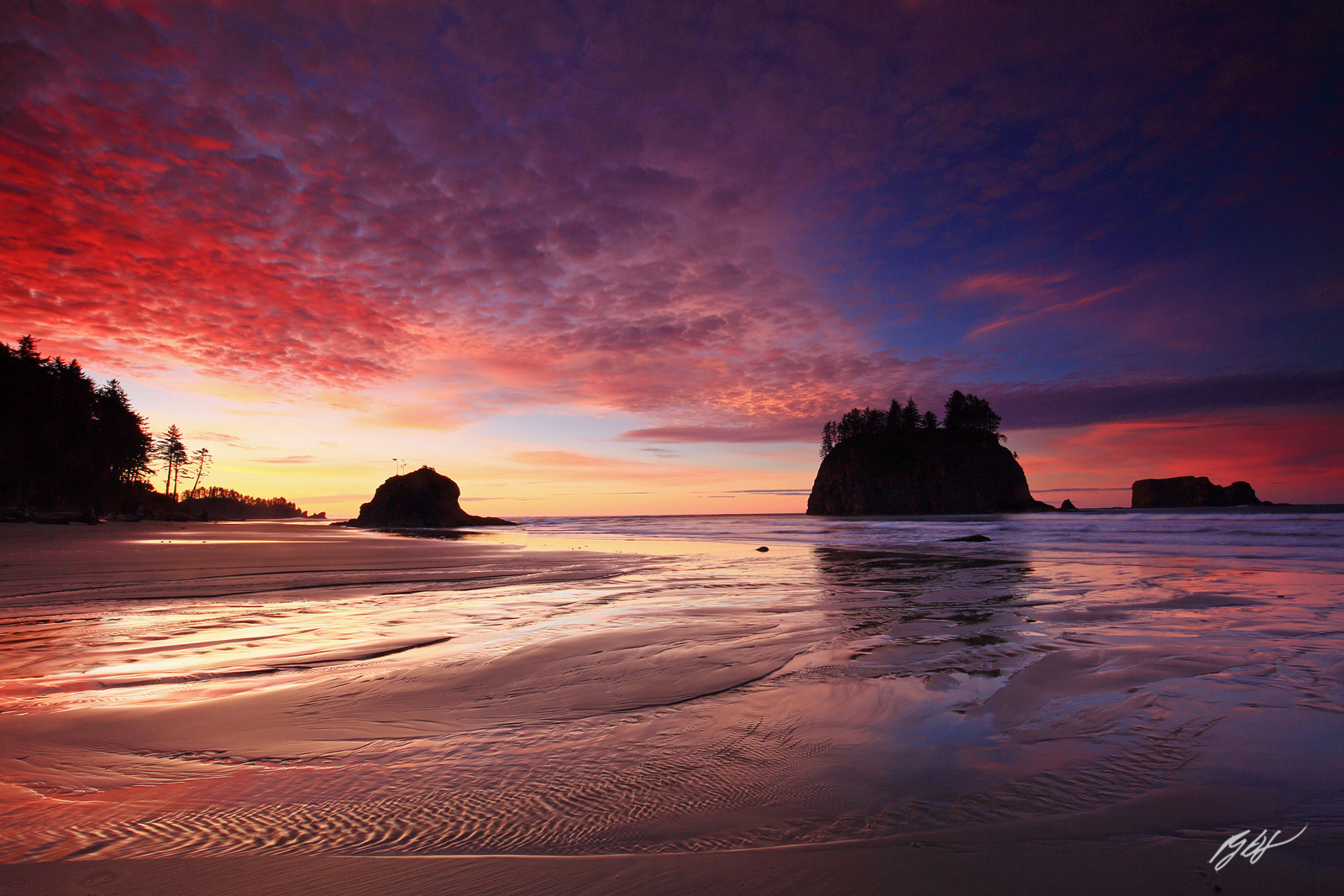 Sunrise and Sea Stacks with a Creek on Second Beach in Olympic National Park in Washington