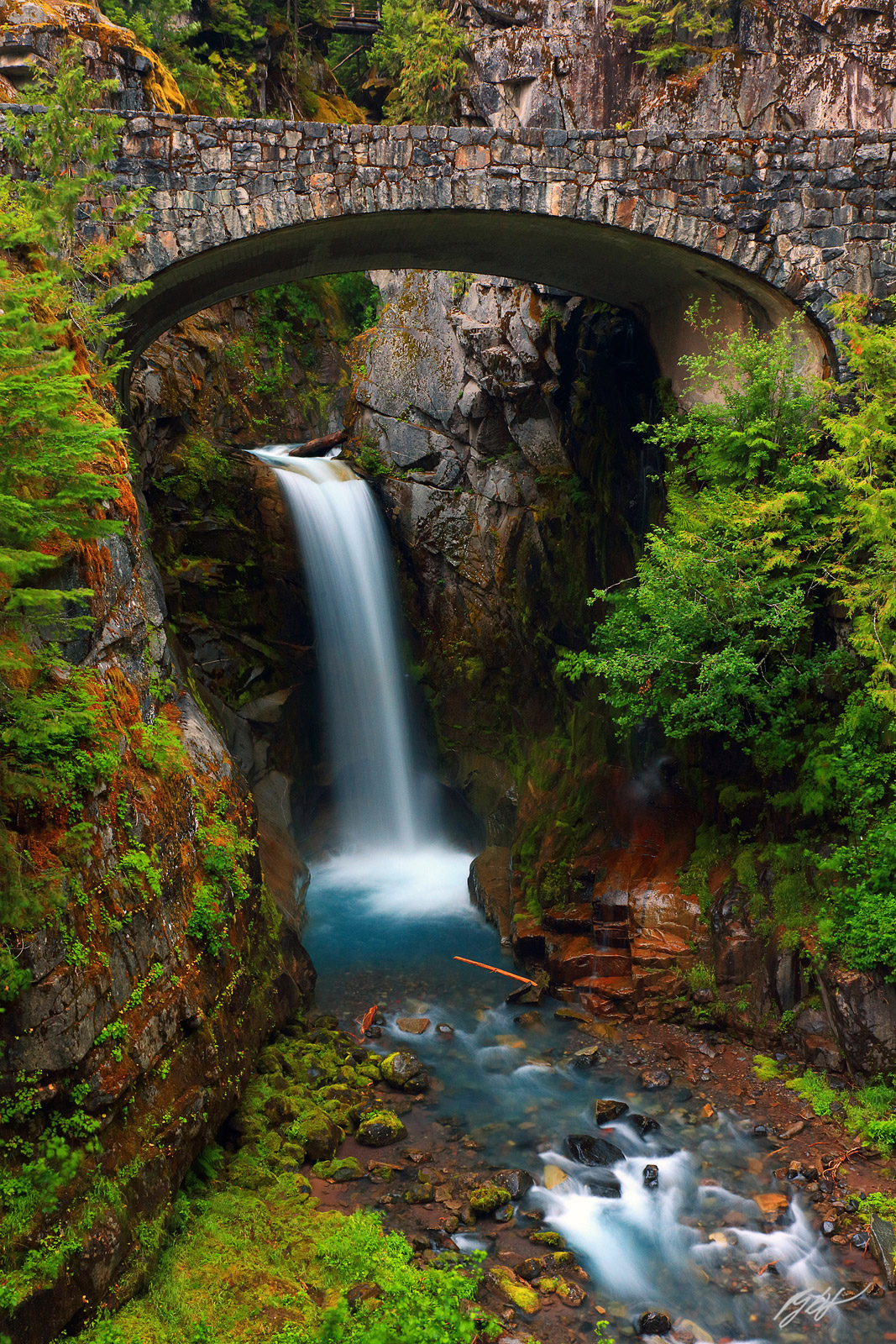 Christine Falls Falling Under a Historic Highway Bridge in Mt Rainier National Park in Washington