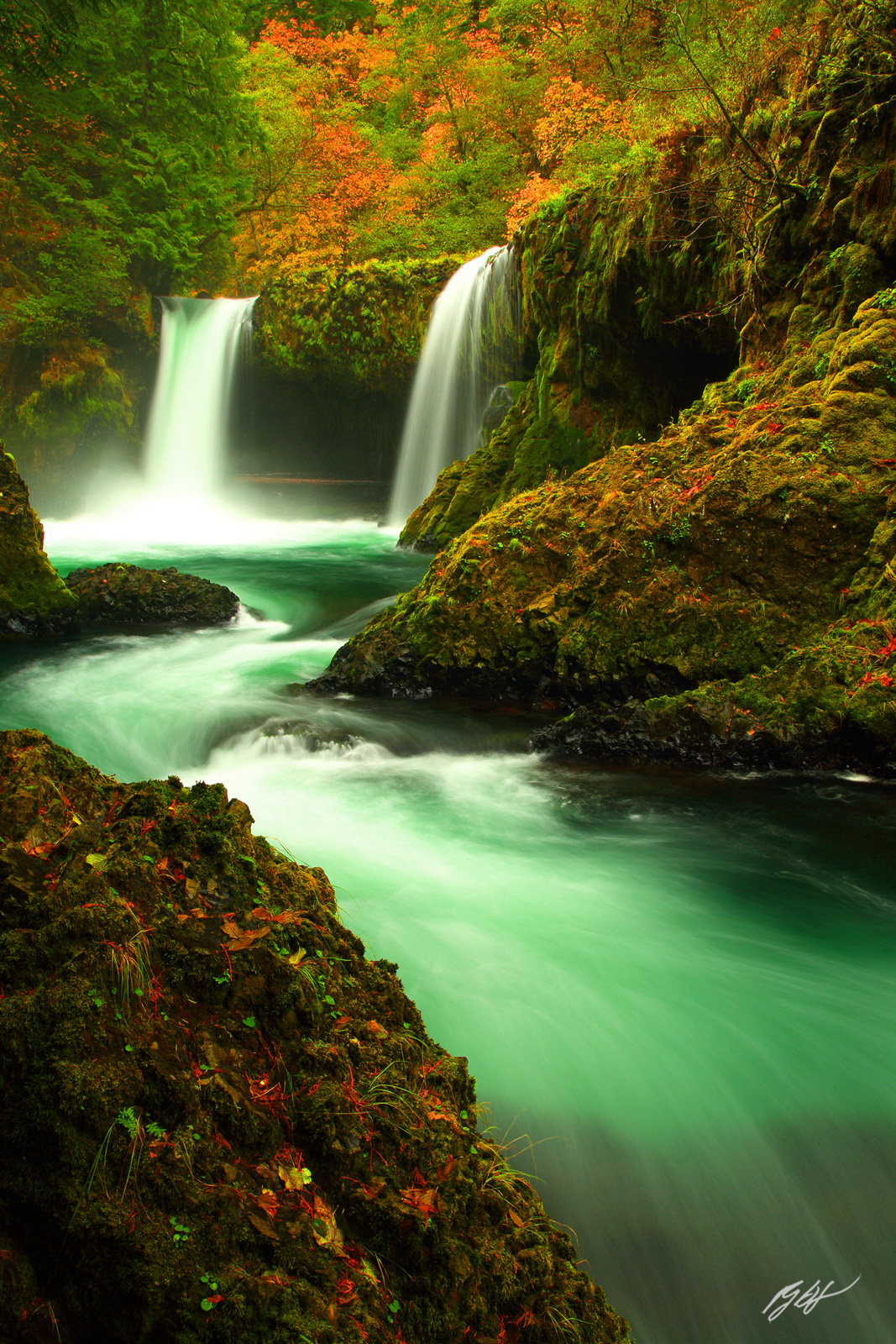 The Emerald Green Water of Spirit Falls in Fall in the Columbia River Gorge in Washington