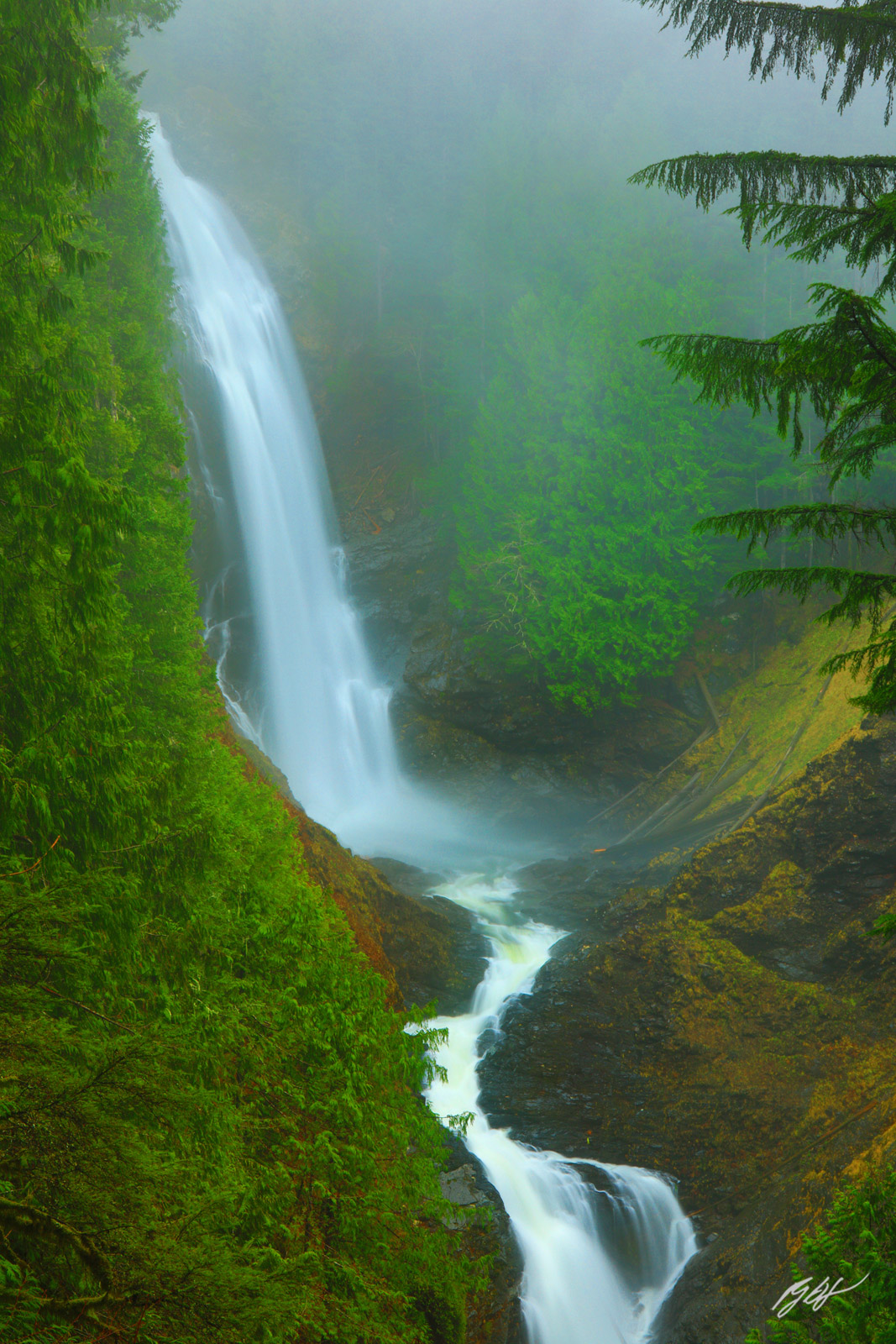 Wallace Falls in the Fog from Wallace Falls State Park in Washington
