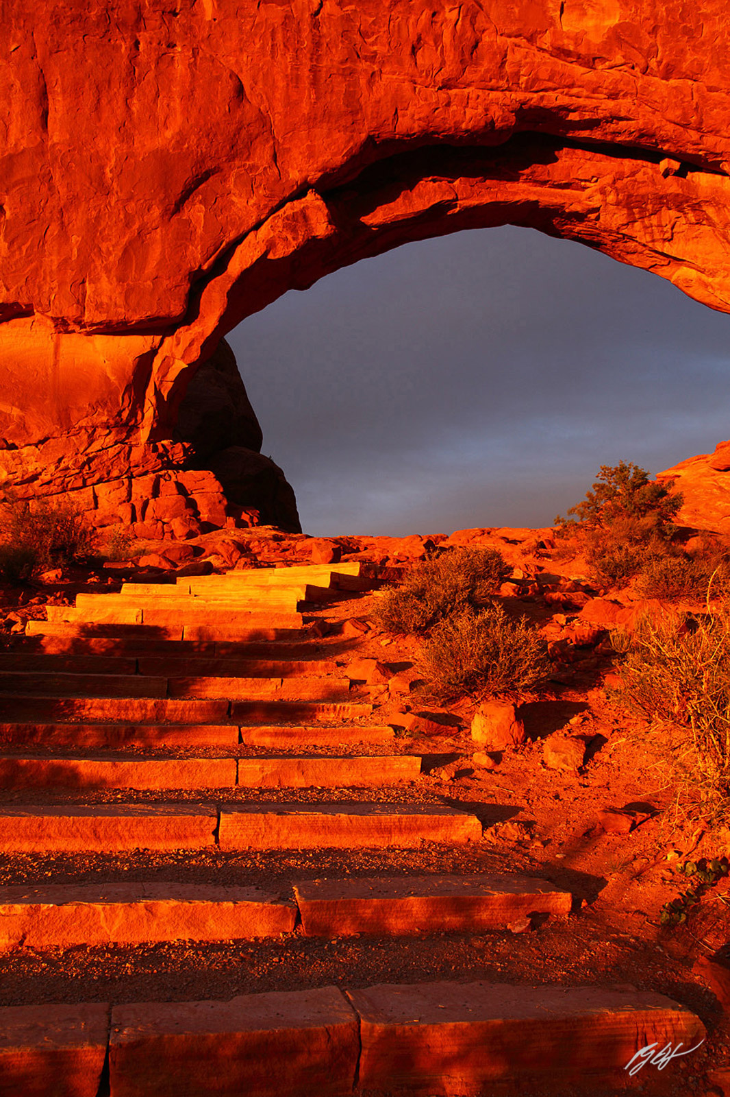 Evening Light on Steps Leading up to the North Window from Arches National Park in Utah