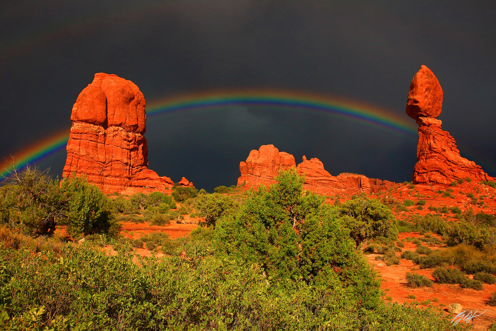 Rainbow over Balancing Rock after a Storm in Arches National Park in Utah