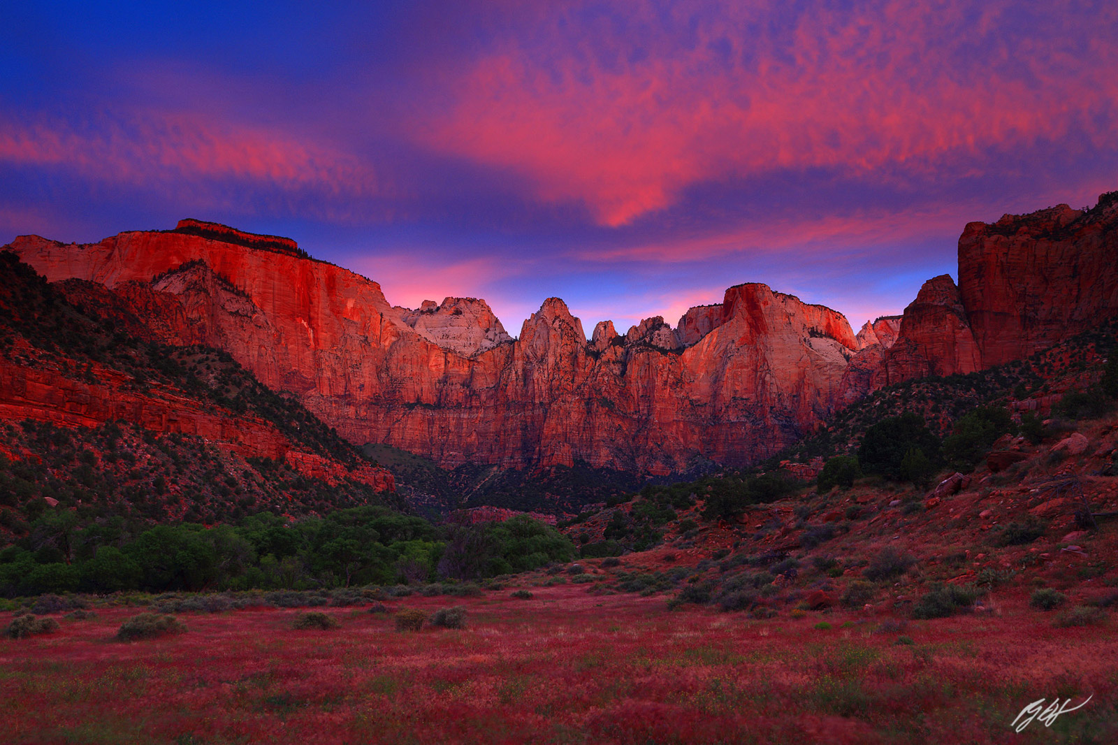 Sunrise Light on the Towers of the Virgin in Zion National Park in Utah