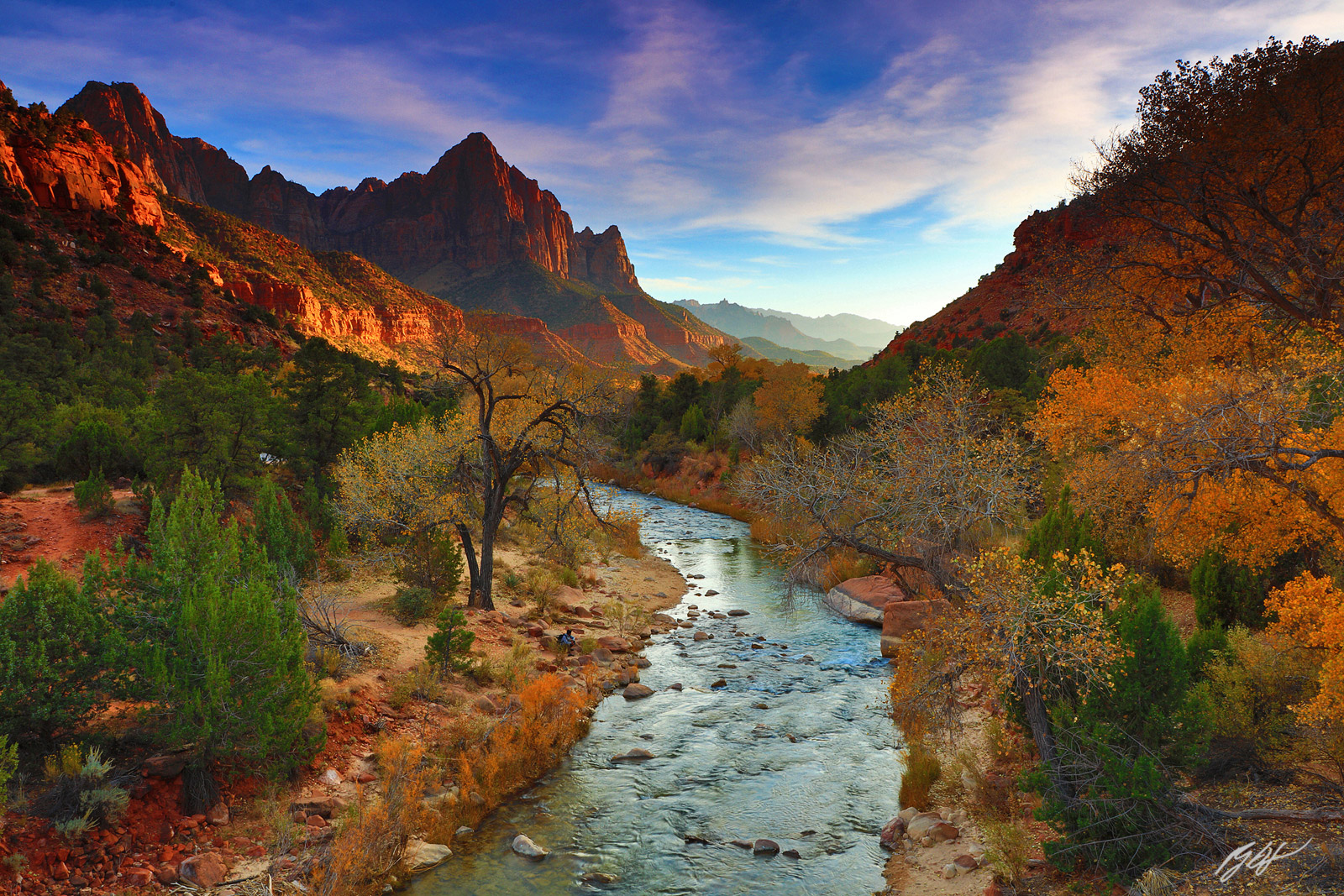 The Virgin River and the Watchman in Zion National Park in Utah
