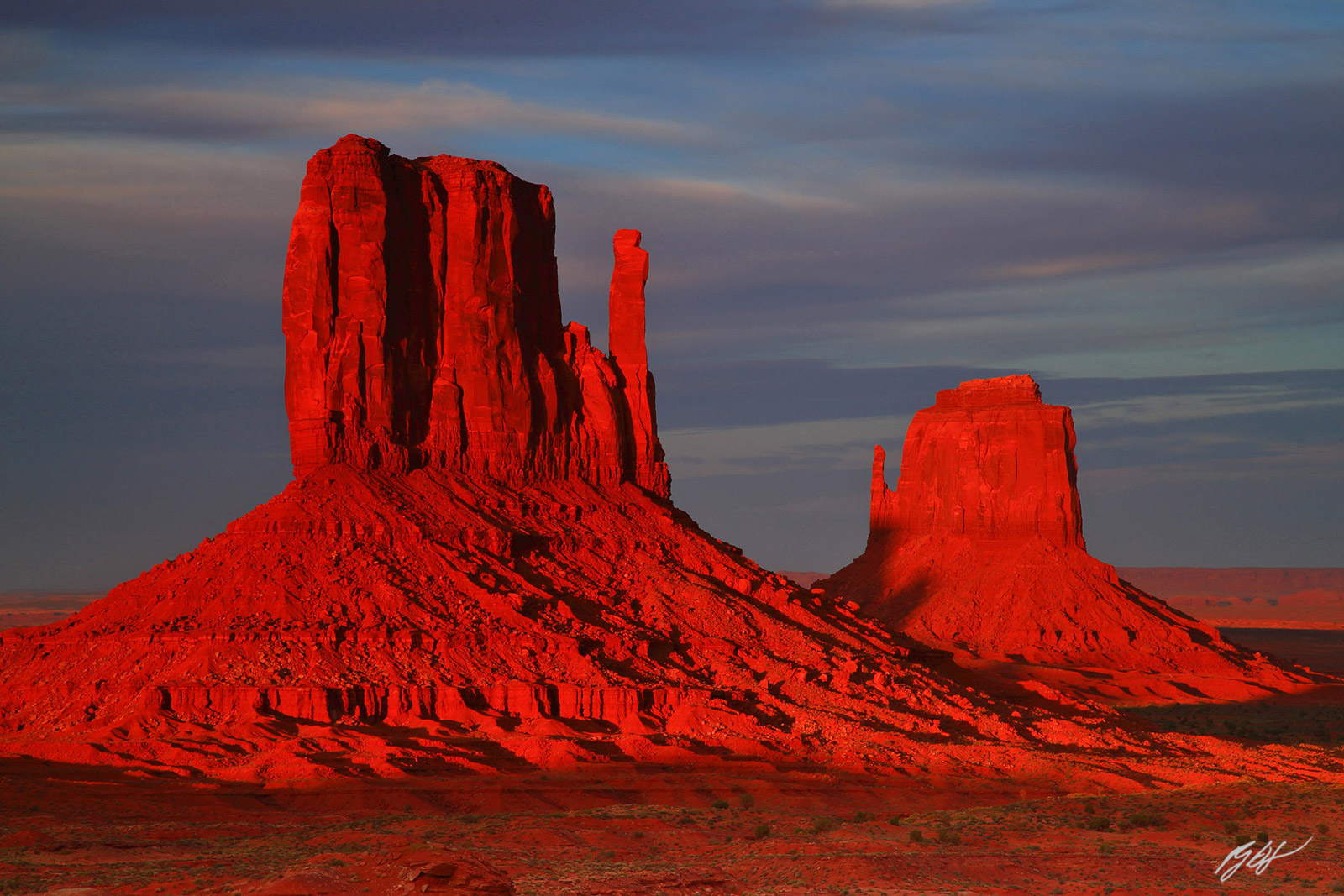 Sunset on the Mittens in Monument Valley from Monument Valley Navajo Tribal Park in Utah