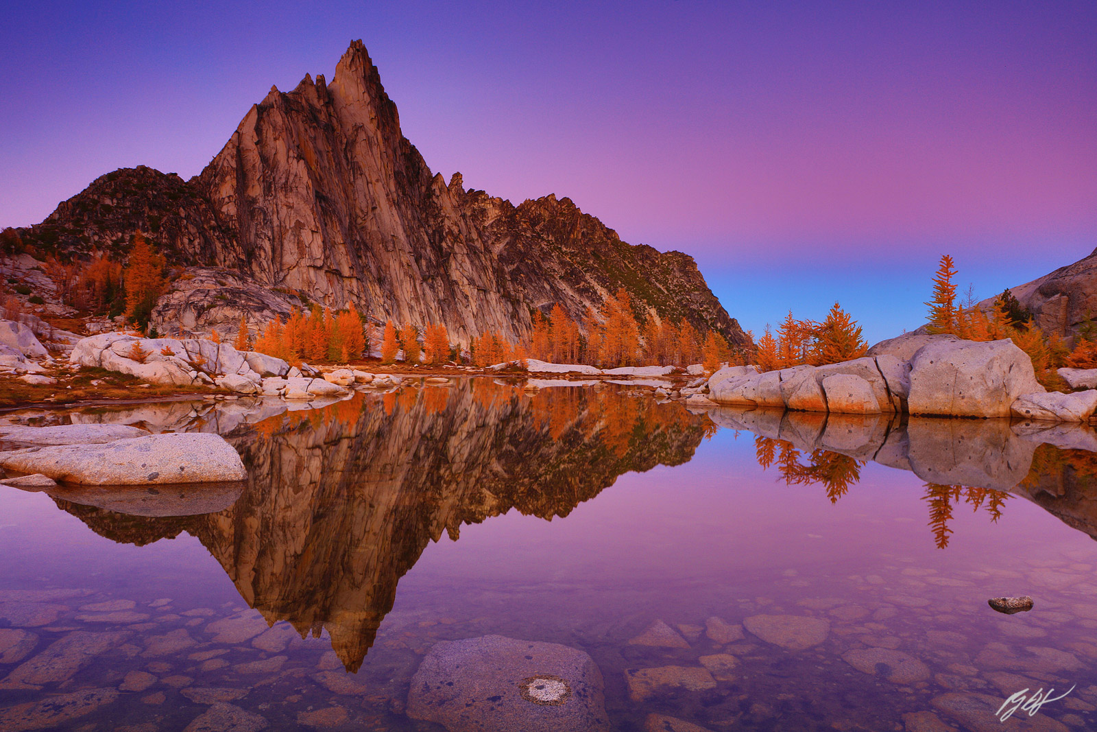 Sunset Prusik Peak Reflected in Gnome Tarn in the Enchantments, Alpine Lakes Wilderness in Washington