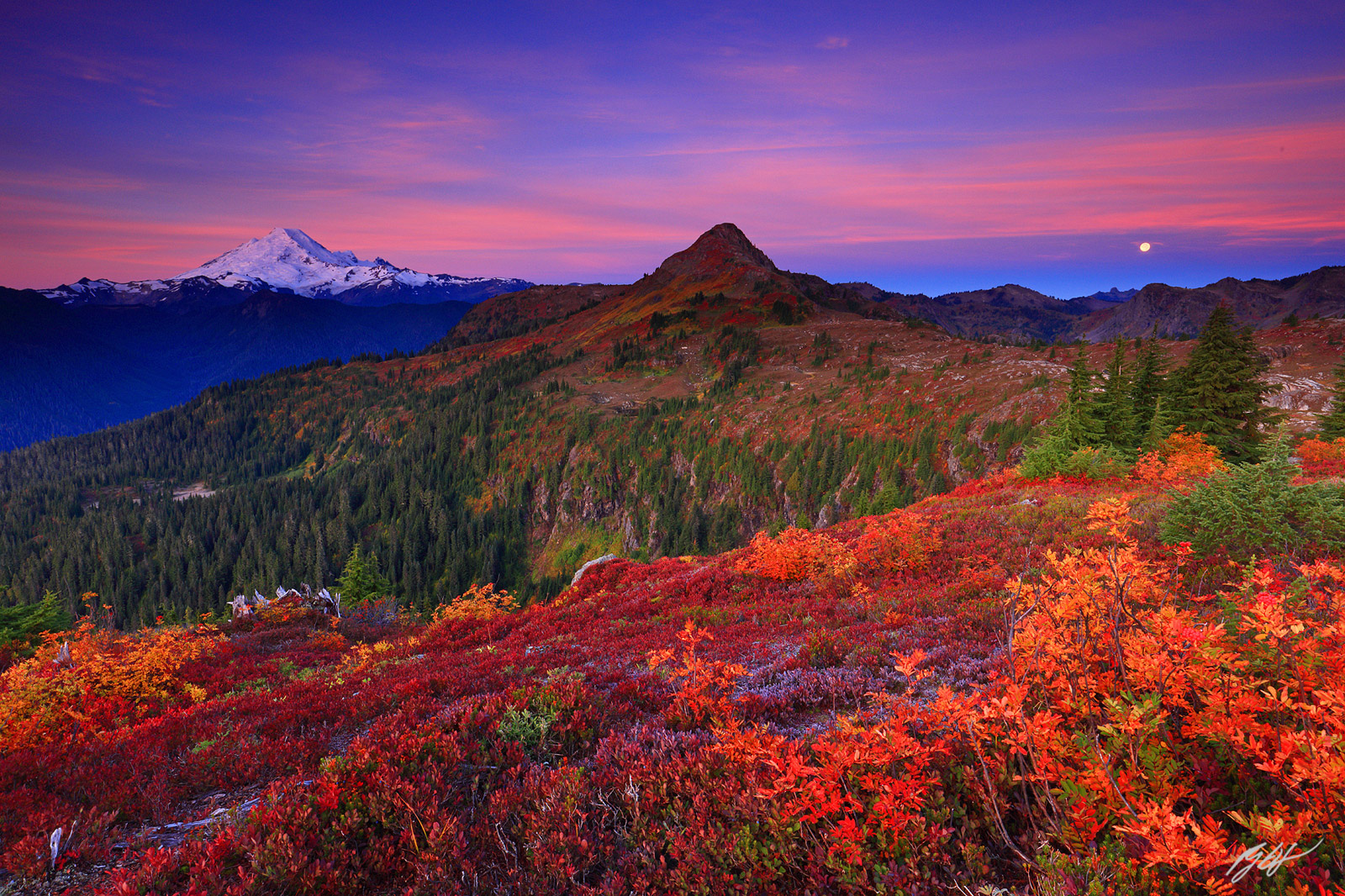 Fall Sunrise and Moonset with Mt Baker from Yellow Aster Butte in the Mt Baker Wilderness in Washington