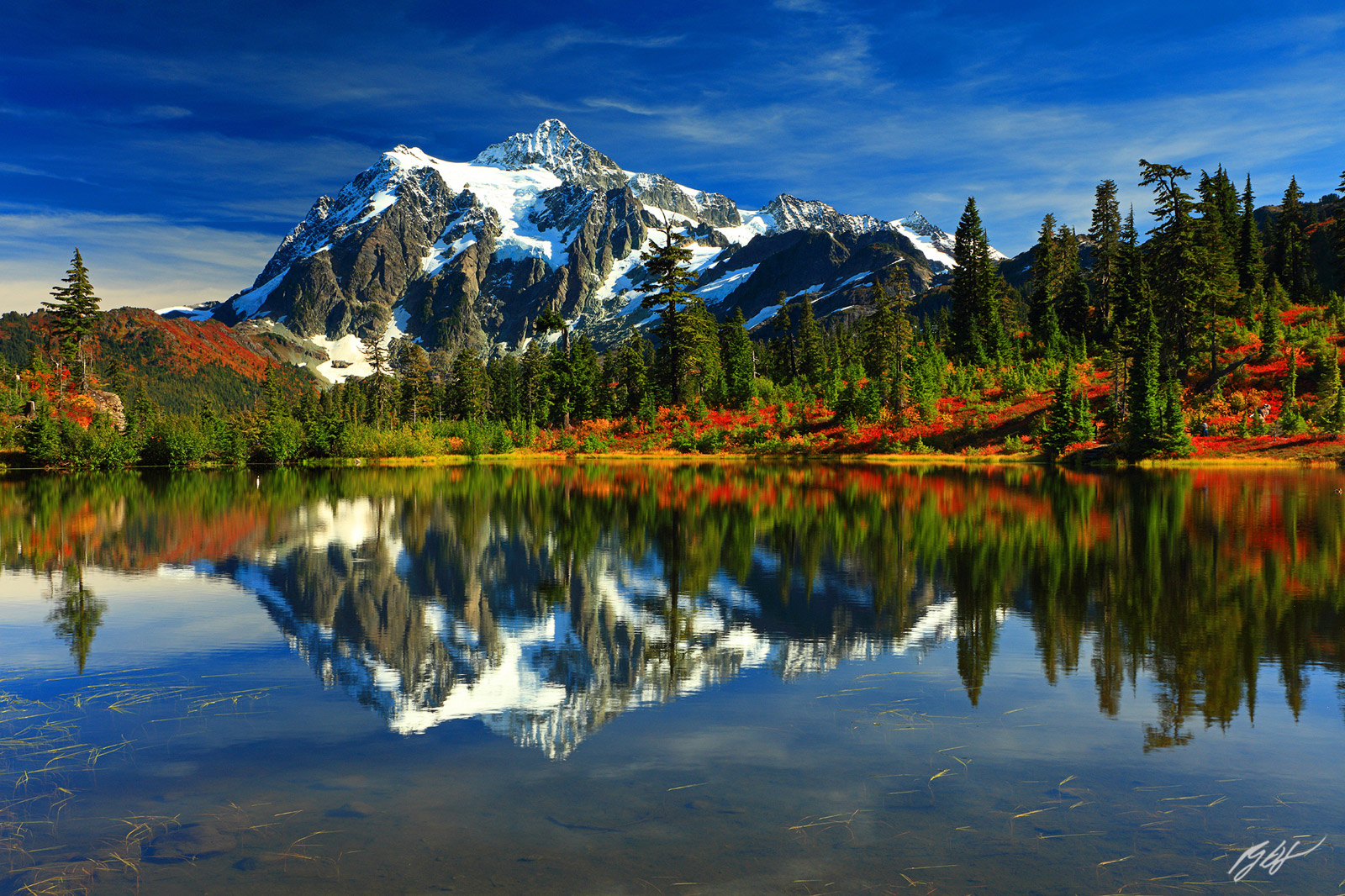 Fall Color and Mt Shuksan Reflected in Picture Lake in Heather Meadows in the Mt Baker National Recreation Area in Washington