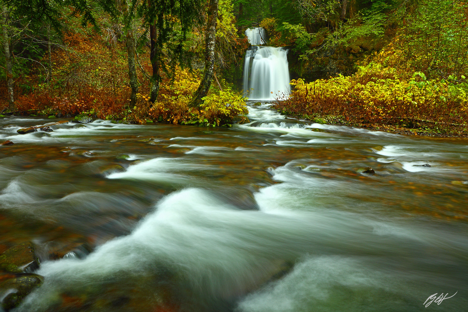 Twin Falls and Lewis River in Fall in the Gifford-Pinchot National Forest in Washington