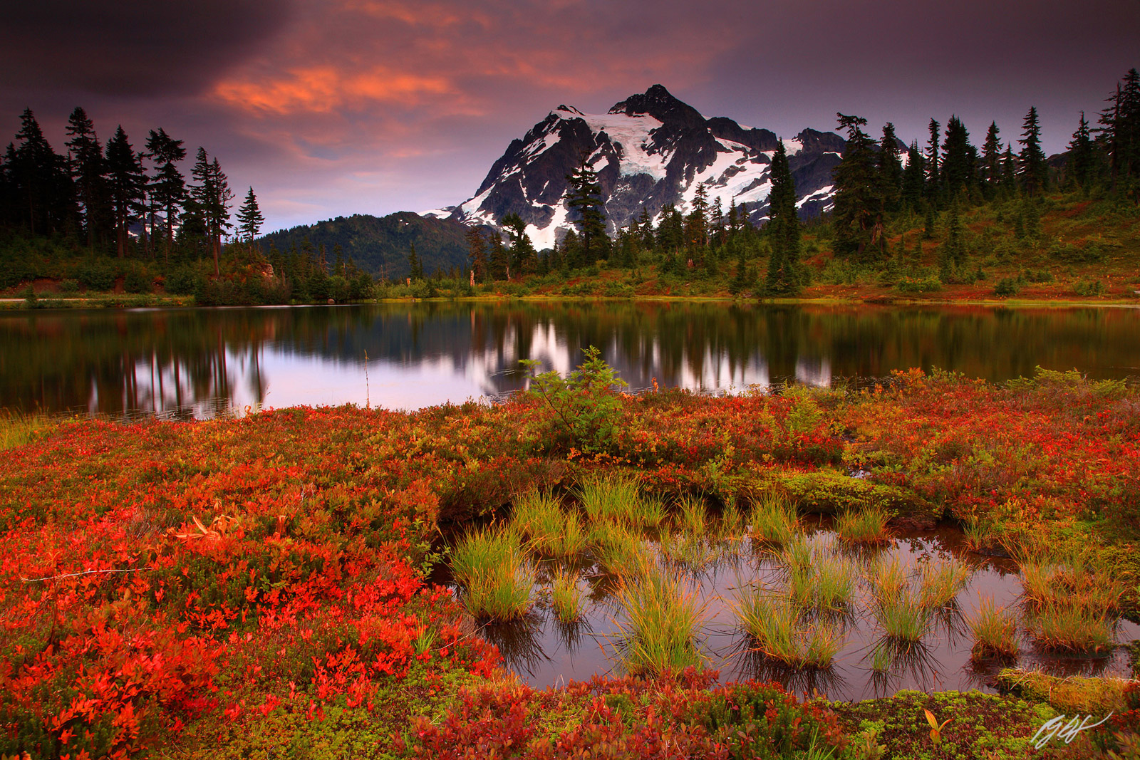 Fall Sunset Mt Shuksan and Picture Lake in Heather Meadows in the Mt Baker National Forest in Washington