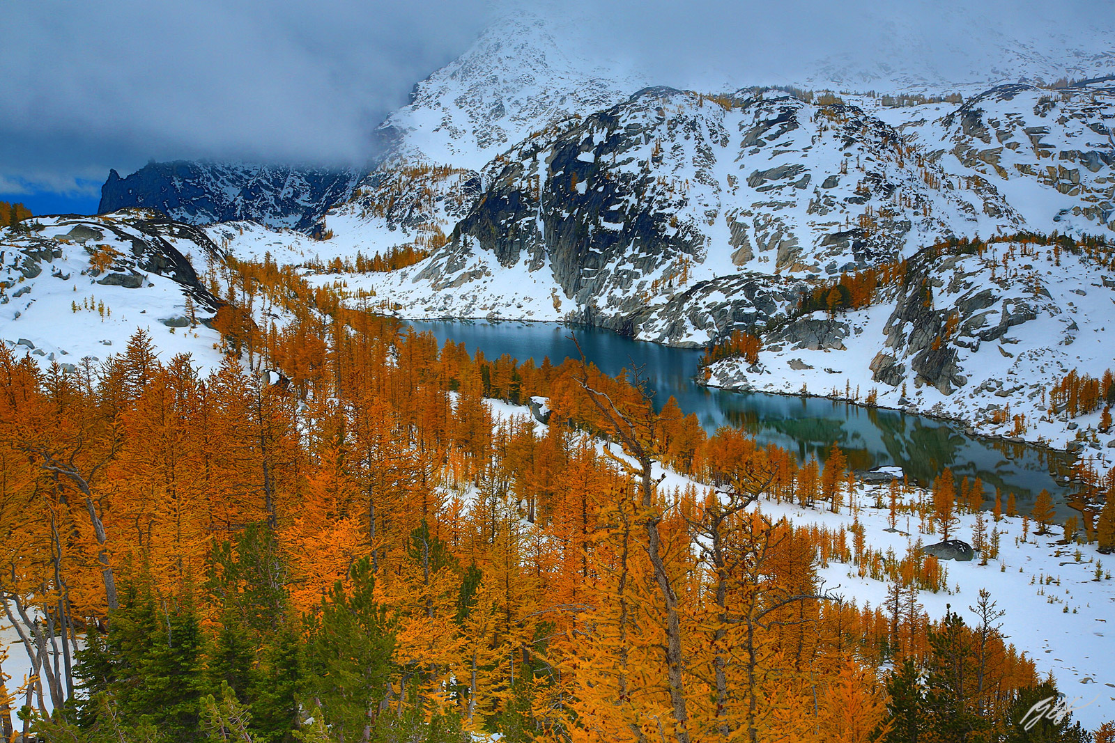 Golden Larch and Little Annapurna with Perfection Lake in the Enchantments in the Alpine Lakes Wilderness in Washington