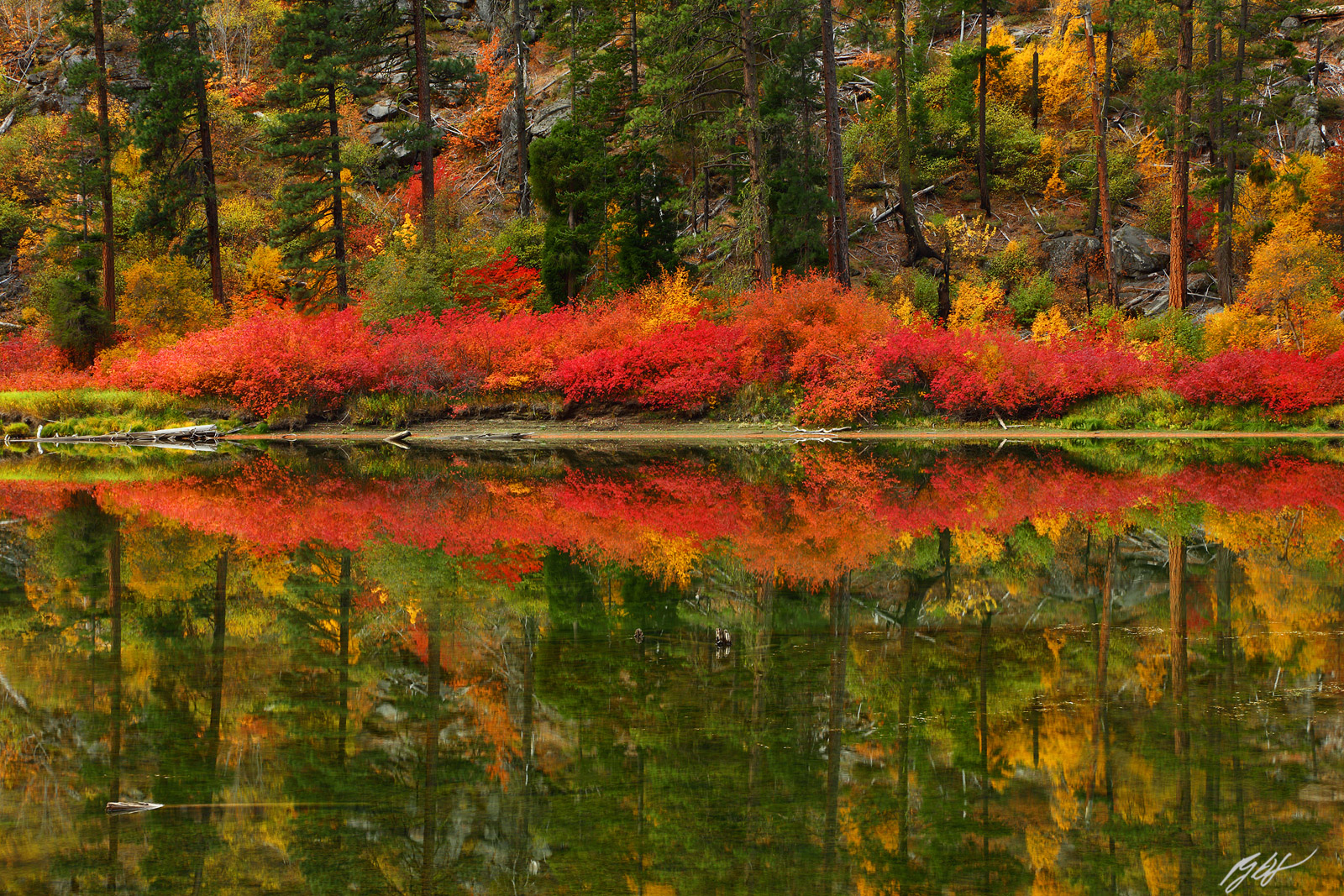Fall Color Reflected in Jolanda Lake in Tumwater Canyon in Washington
