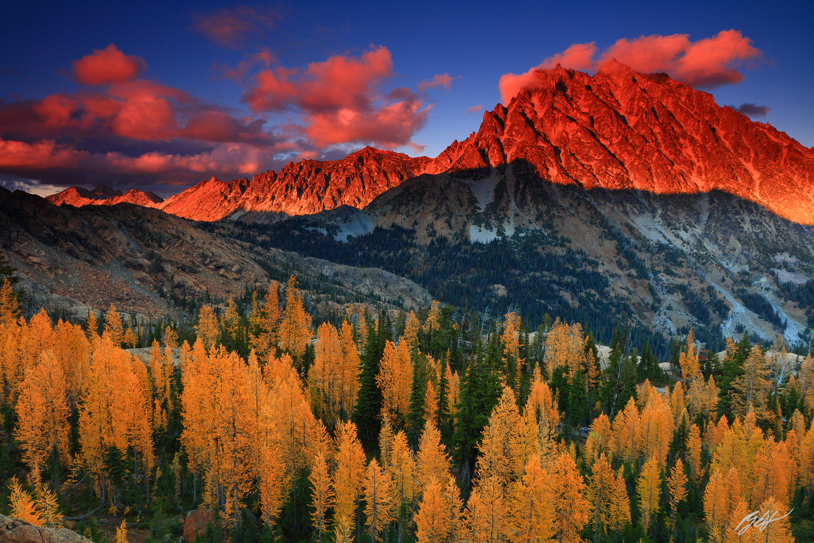 Sunset Golden Larch and Mt Stuart from the Lake Ingalls Trail in the alpine Lakes Wilderness, in Washington