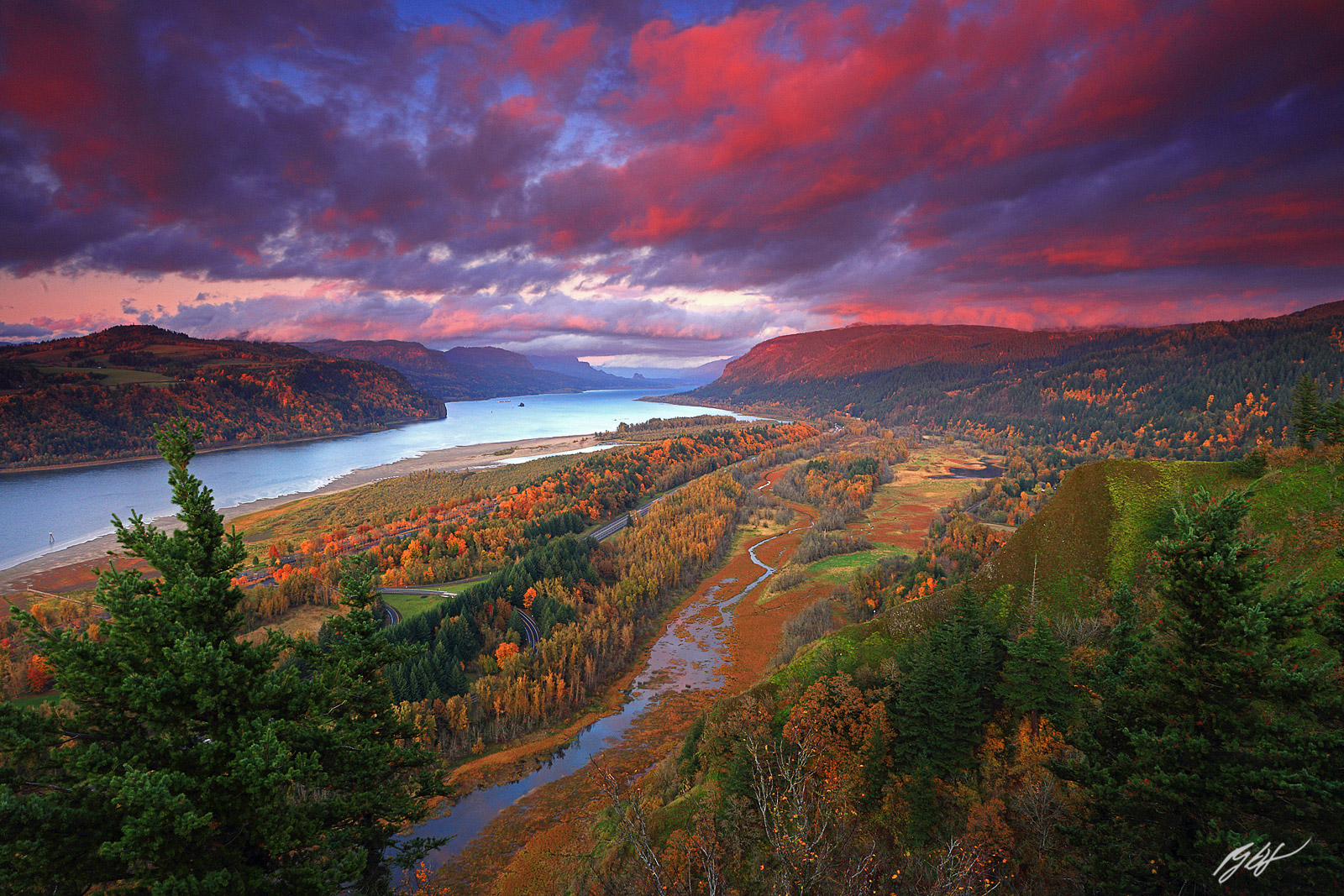 Fall Sunset over the Columbia River Gorge from Vista House in Oregon