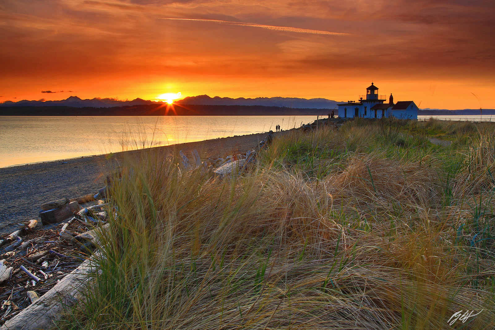 Sunset West Point Lighthouse in Discovery Park in Seattle, Washington