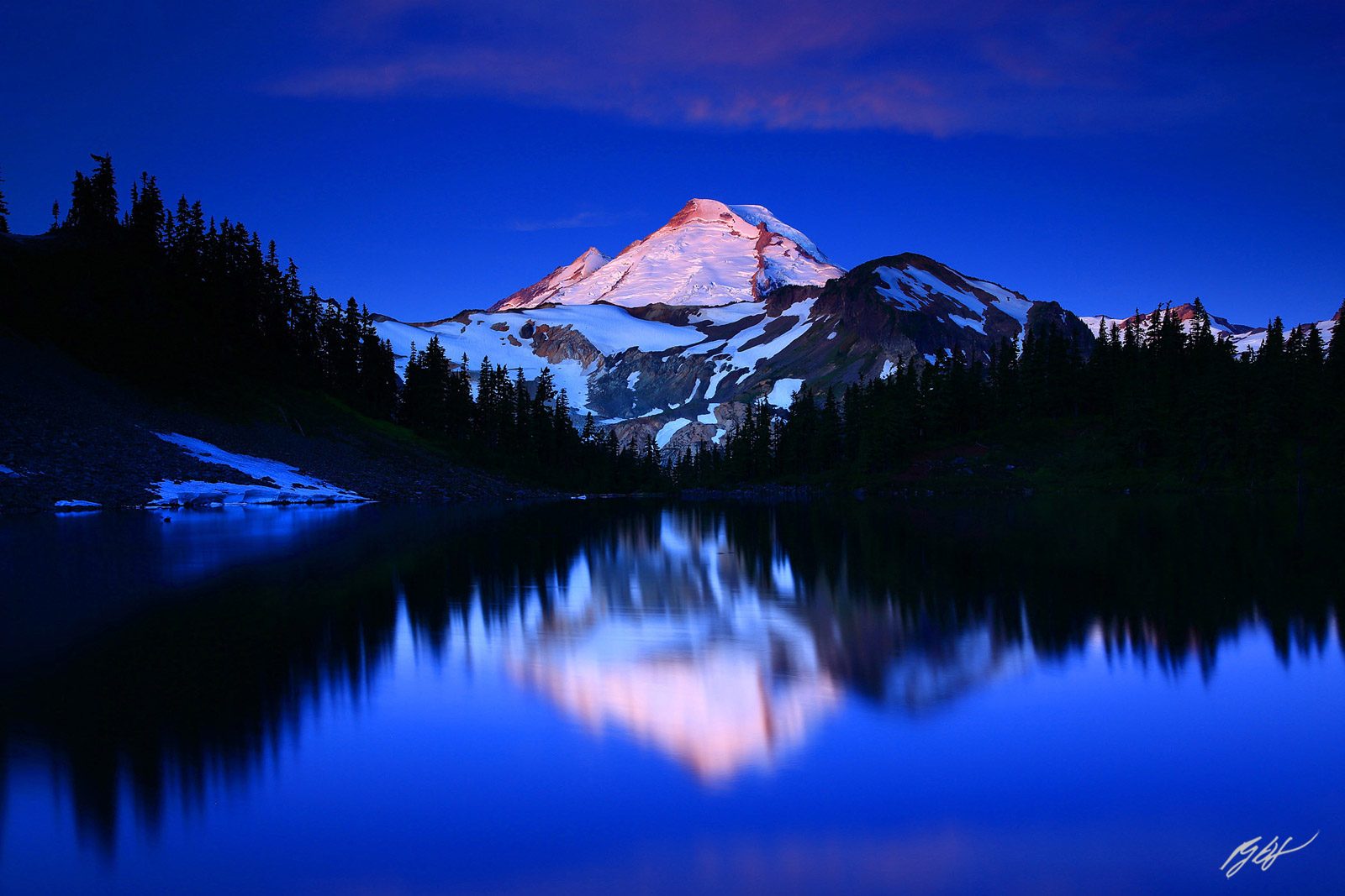 Pre-Dawn Light with Mt Baker Reflected in Iceberg Lake in the Mt Baker Wilderness in Washington