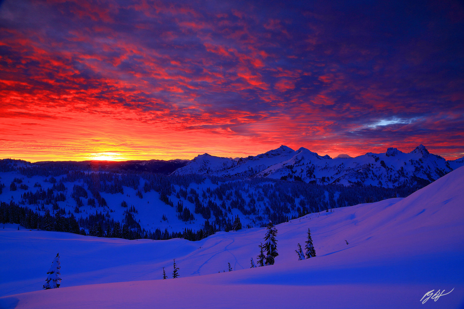 Winter Sunrise and the Tatoosh Range from Paradise Meadows in Mt Rainier National Park in Washington