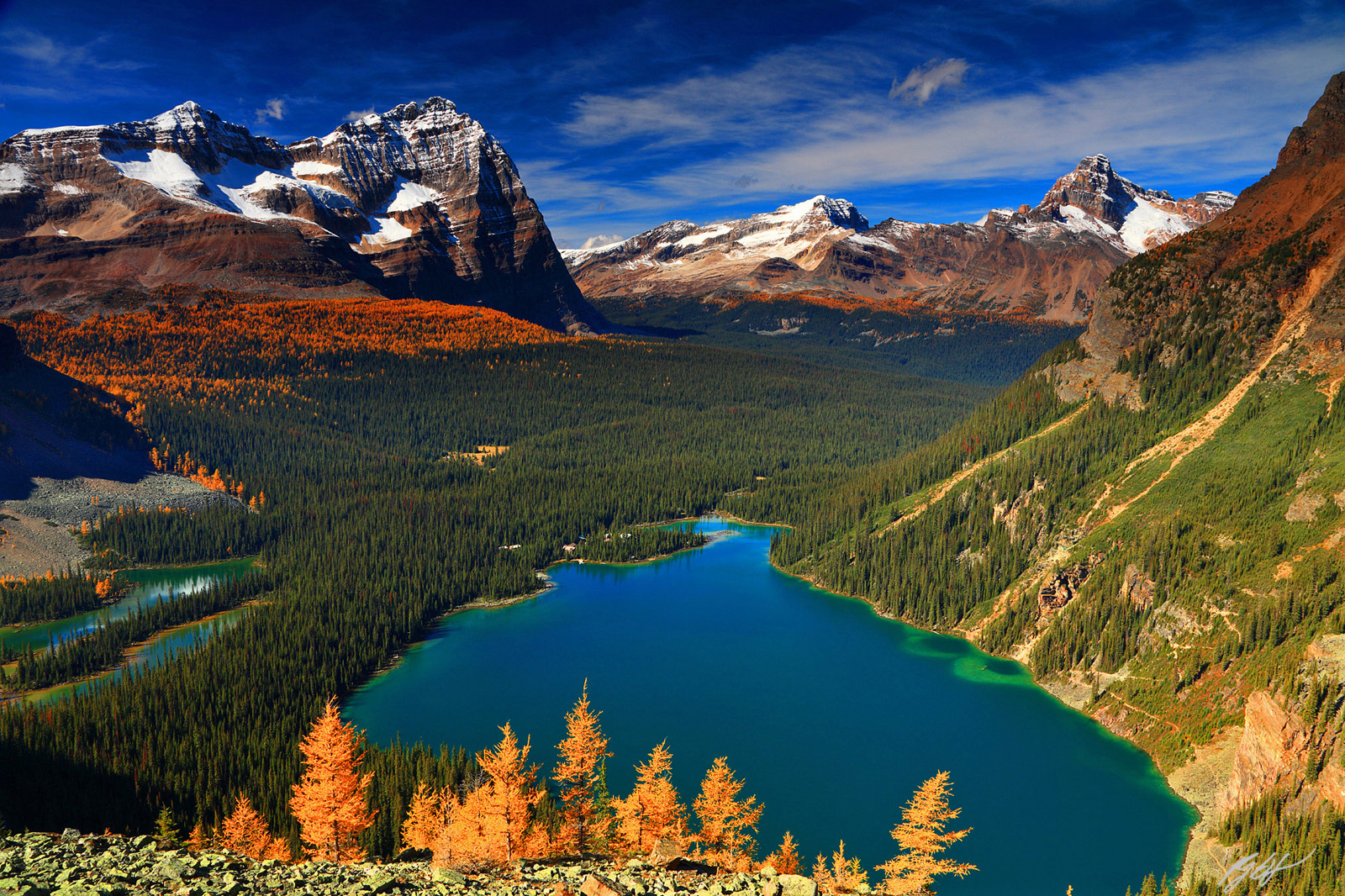 Lake O'Hara with Odaray Mountain and Cathedral Mountain in Yoho National Park in Canada
