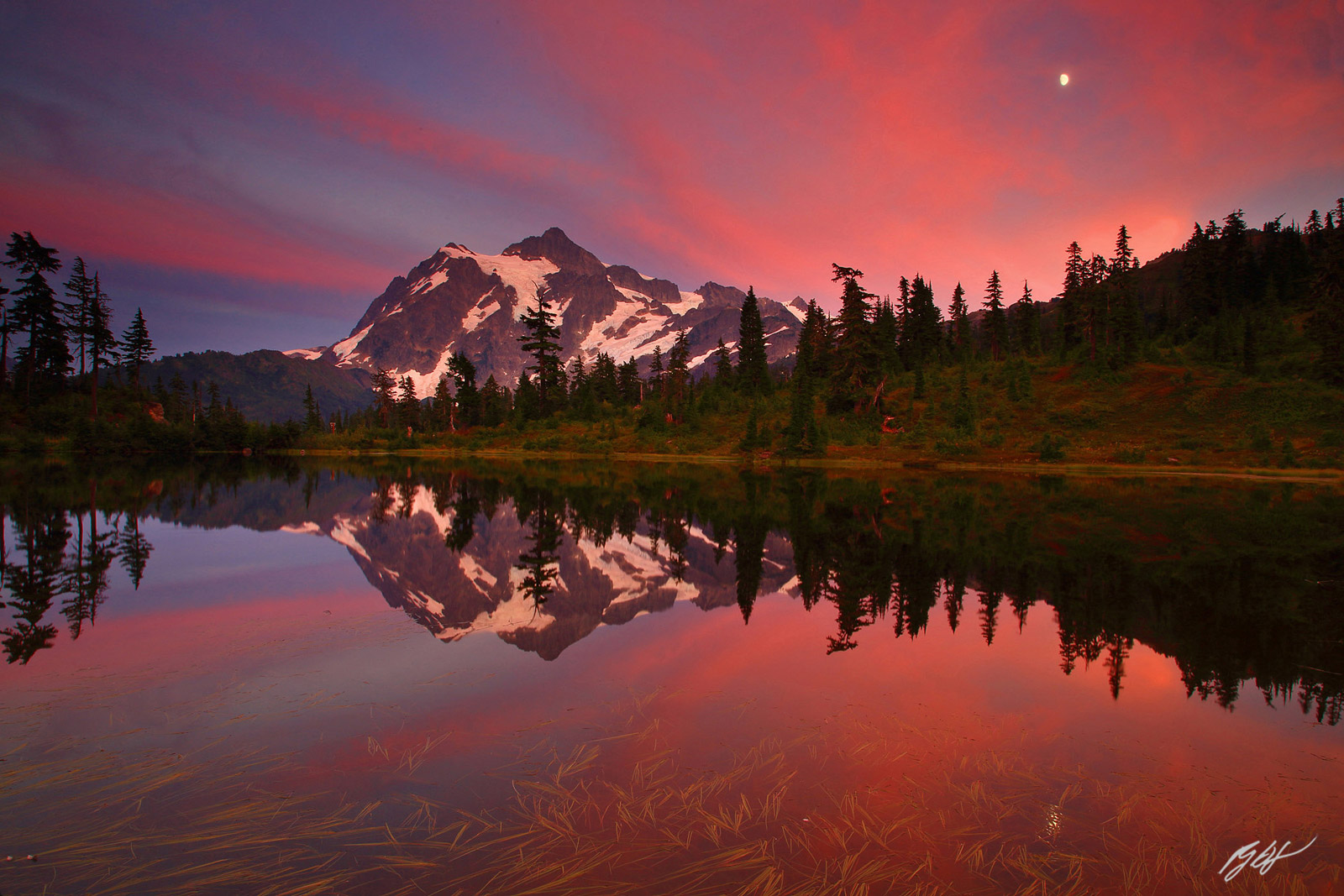 Sunset Mt Shuksan Reflected in Picture Lake from Heather Meadows in the Mt Baker Recreation Area in Washington