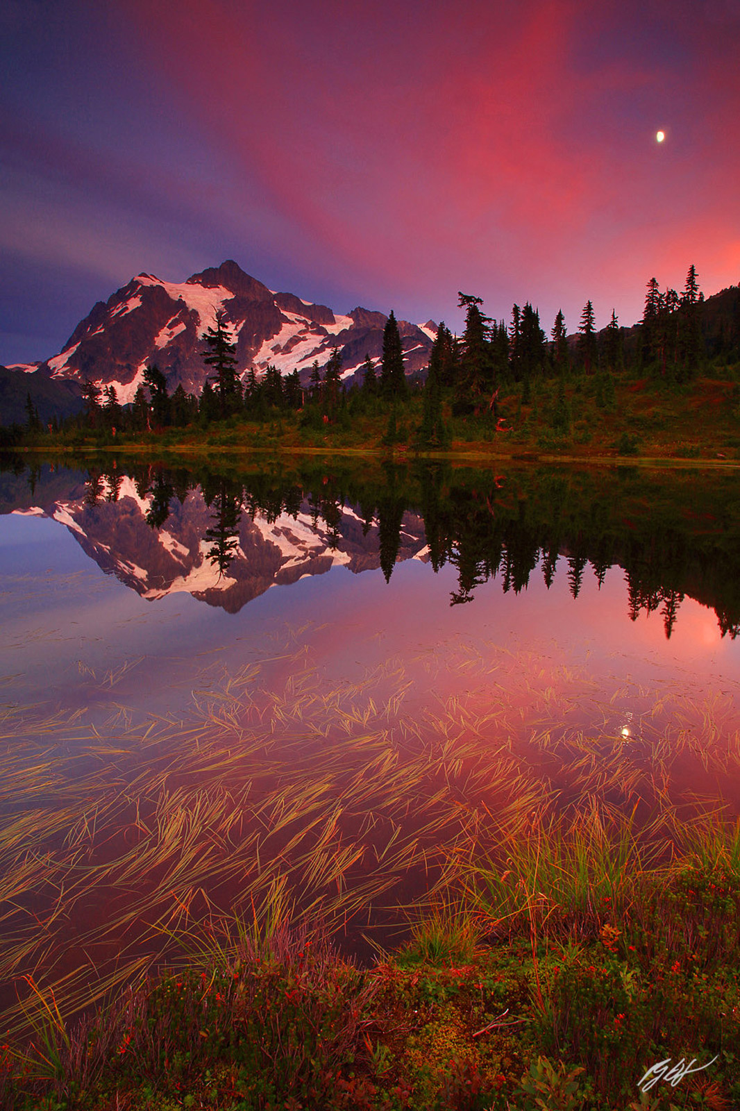 Sunset Mt Shuksan Reflected in Picture Lake from Heather Meadows in the Mt Baker Recreation Area in Washington