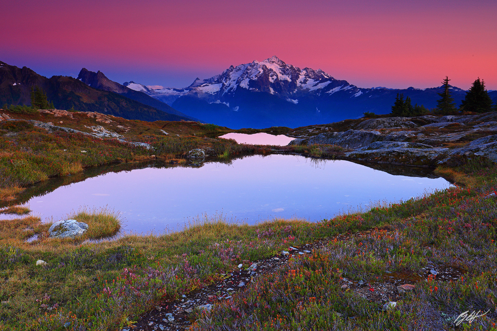 Sunset Alpenglow Mt Shuksan with Two Tarns from Yellow Aster Butte in the Mt Baker Wilderness in Washington