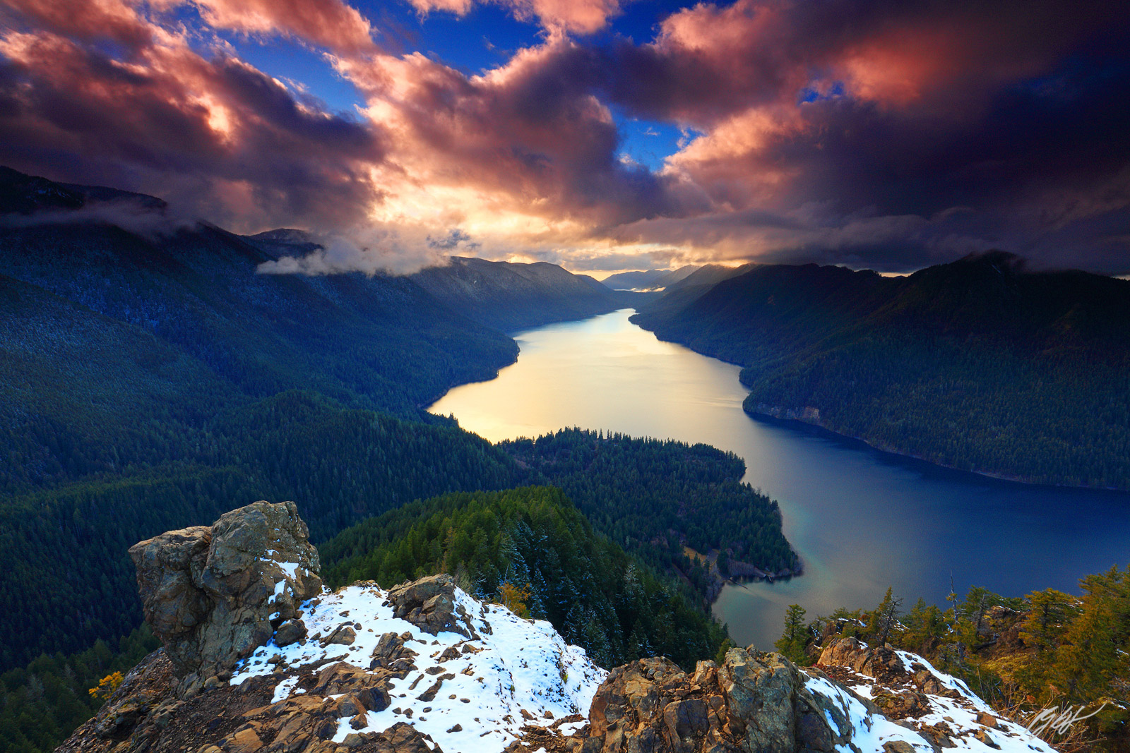 Sunset Over Crescent Lake from Mt Storm King in Olympic National Park in Washington