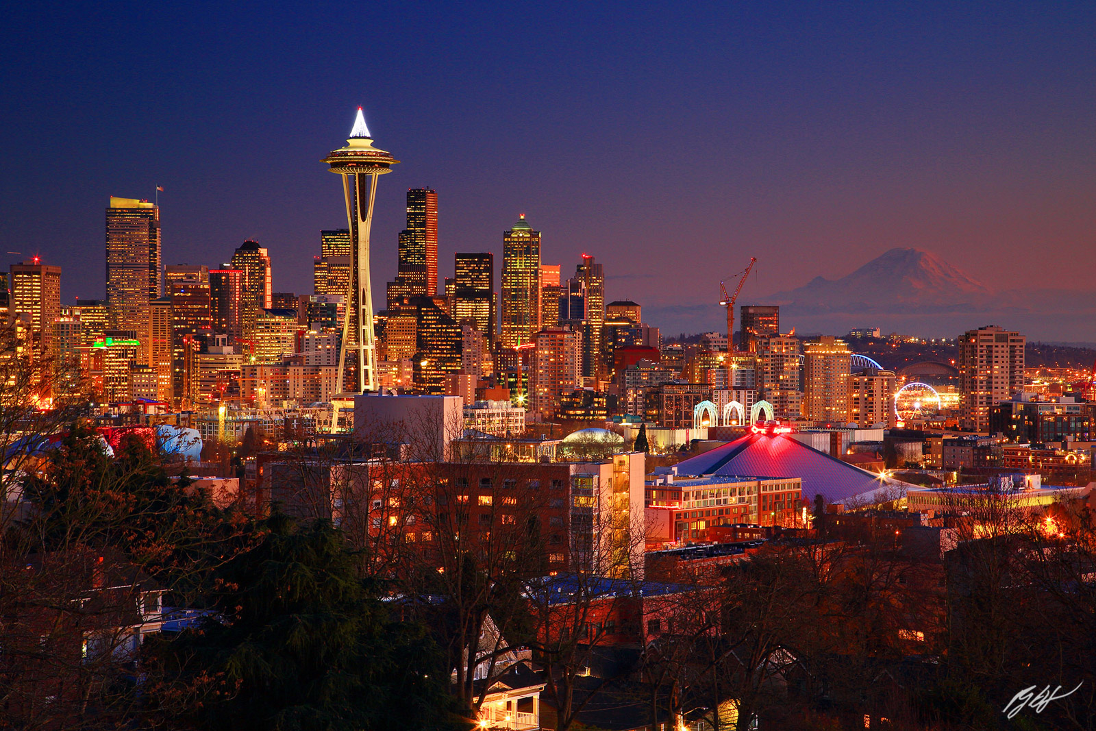 Seattle Skyline at Night from Kerry Park on Queen Ann Hill in Seattle Washington