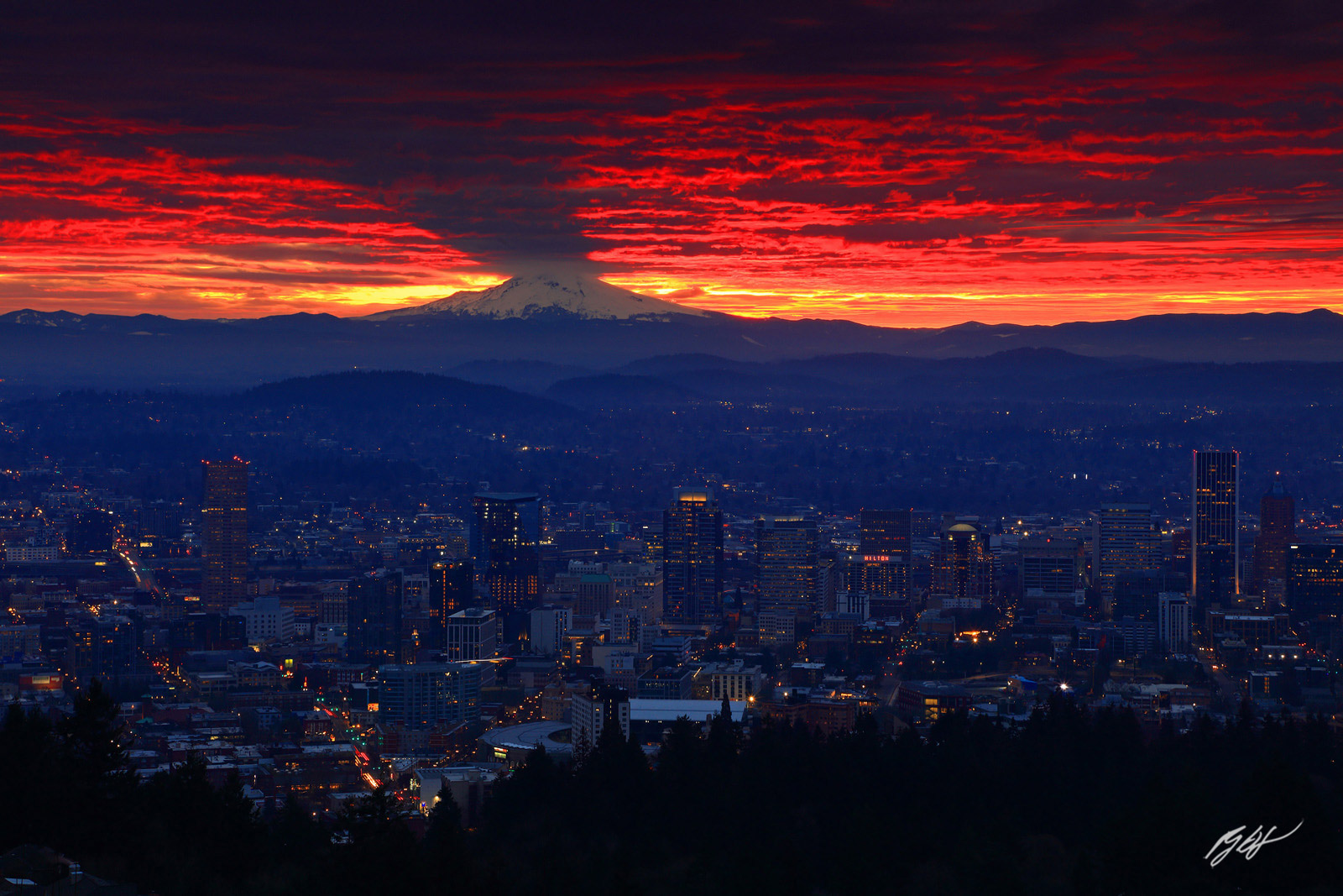 Sunrise over Portland with Mt Hood from the Pittock Manson in Portland Oregon
