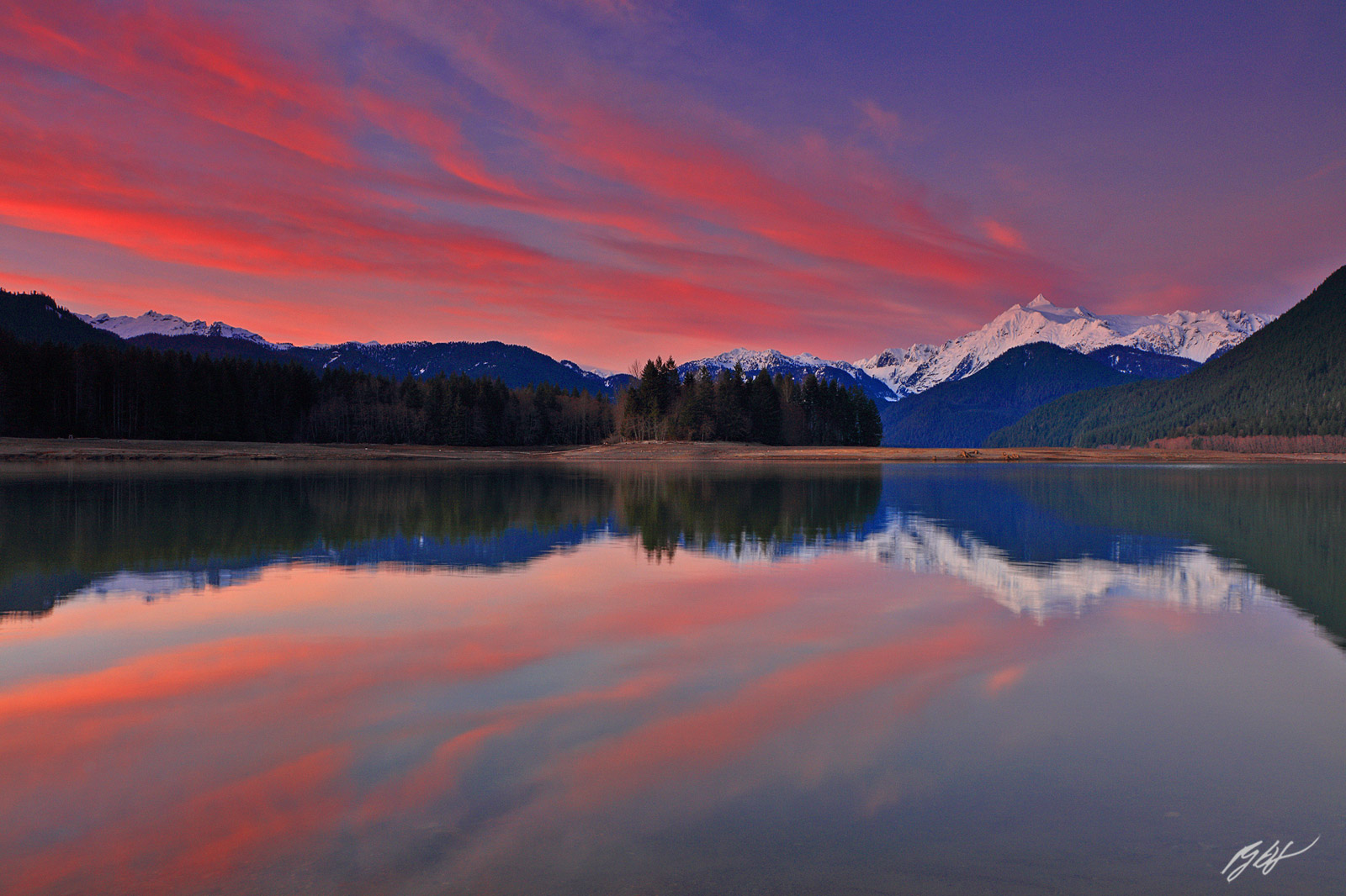 Sunset Mt Shuksan Reflected in Baker Lake in the Mt Baker-Snoqualmie National Forest in Washington