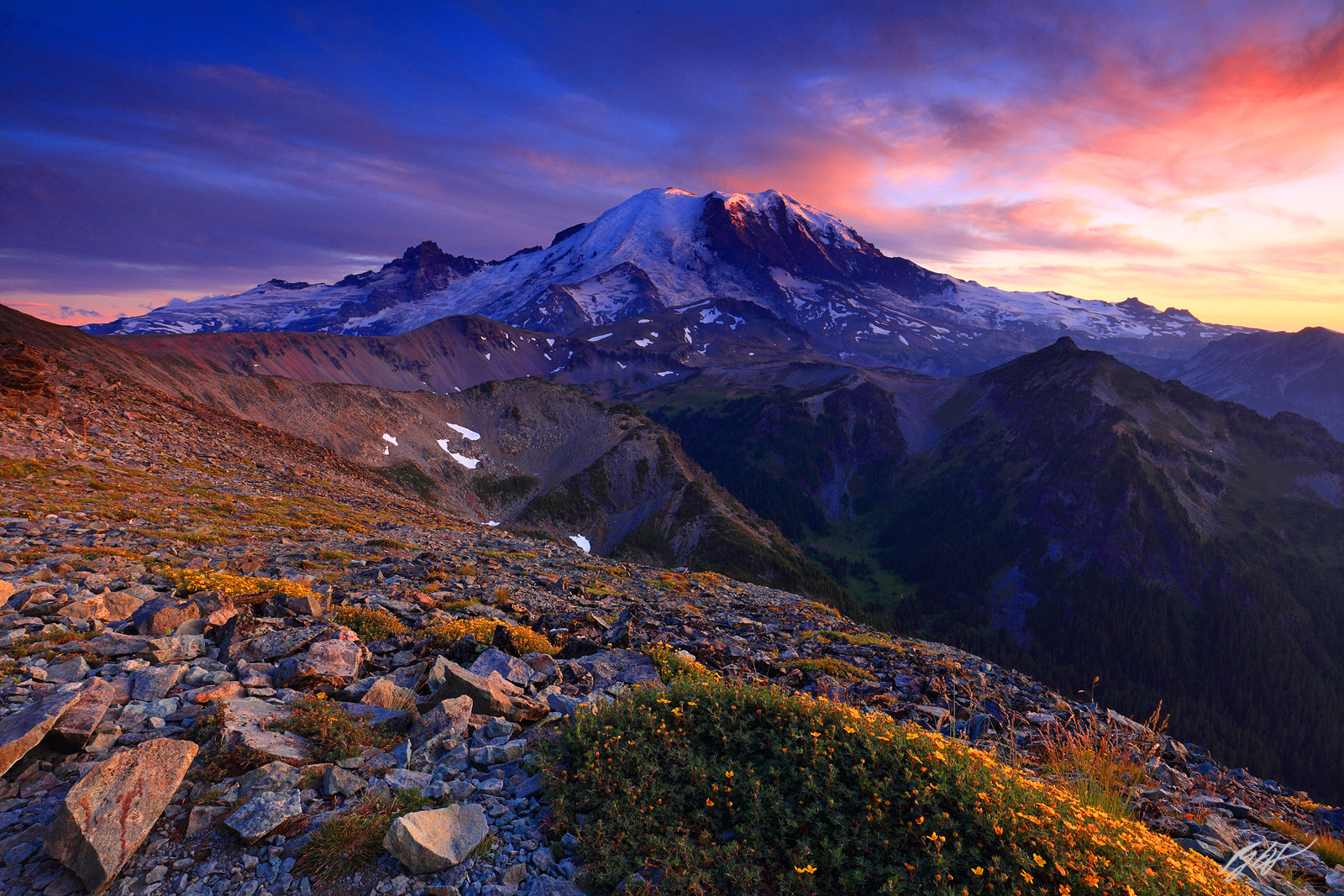 Sunset Mt Rainier from Fremont Peak in Mt Rainier National Park in Washington