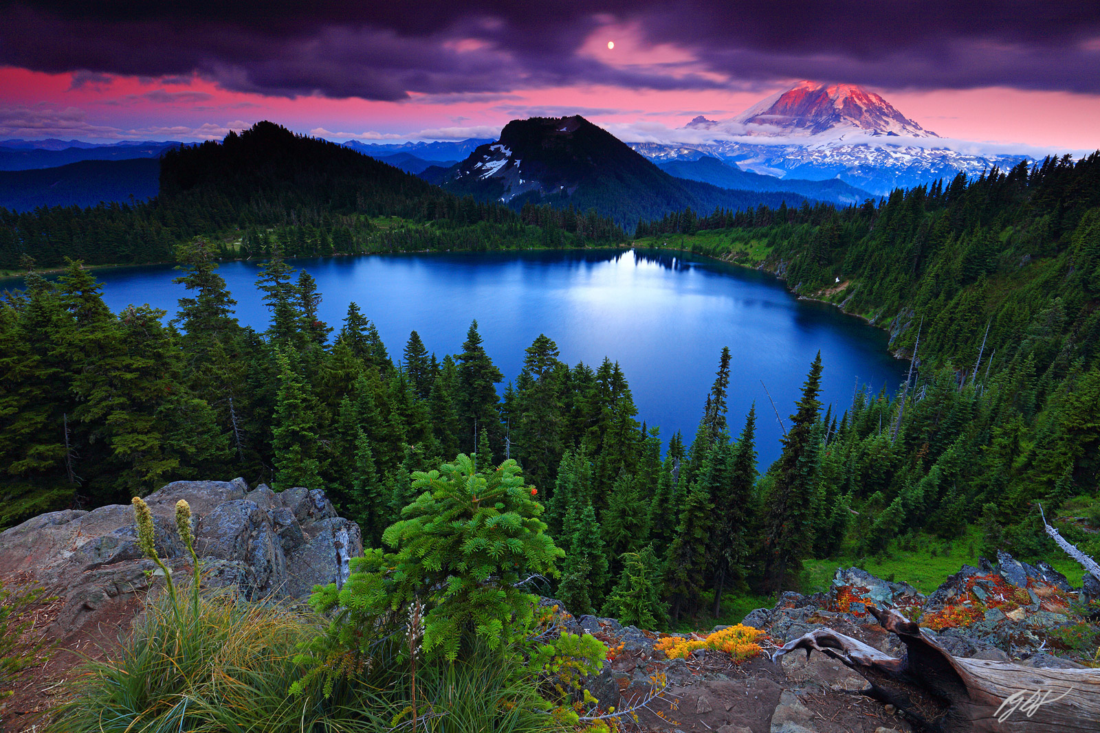 Sunset Mt Rainier and Summit Lake in the Clearwater Wilderness in Washington