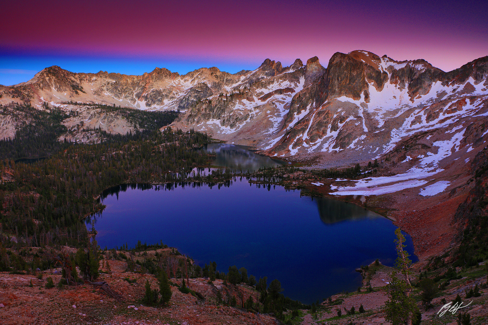 Sunset Alpenglow Over Twin Lakes with the Sawtooth Mountain in the Sawtooth Wilderness in Idaho