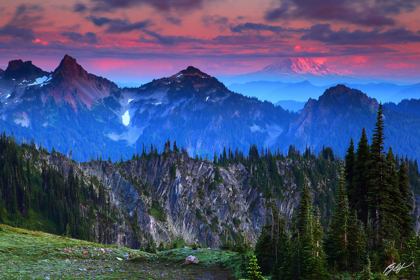 Sunset Mt Adams Viewed Through the Tatoosh Range from Mt Rainier National Park in Washington