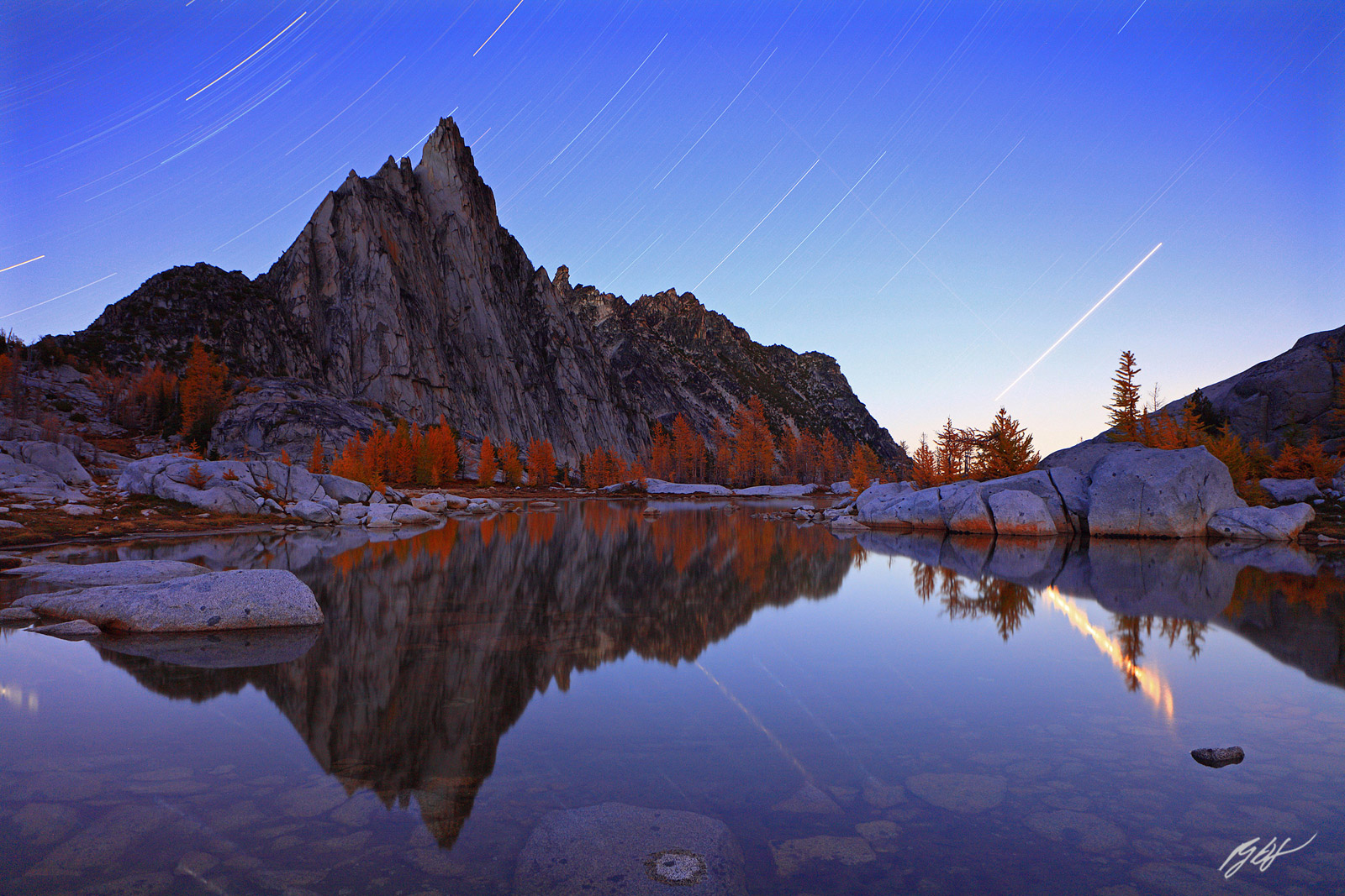 Star Trails and Prusik Peak Reflected in Gnome Tarn in the Enchantments, Alpine Lakes Wilderness, in Washington