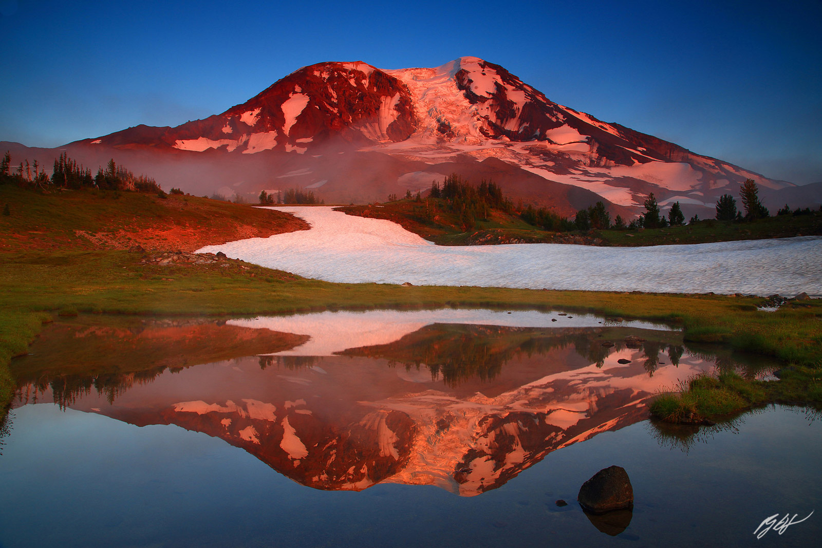 Sunset Mt Adams Reflected in a Tarn from High Camp in the Mt Adams Wilderness in Washington