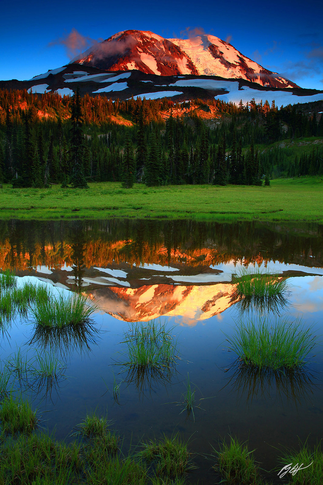 Sunset Mt Adams Reflected in a Tarn from High Camp in the Mt Adams Wilderness in Washington
